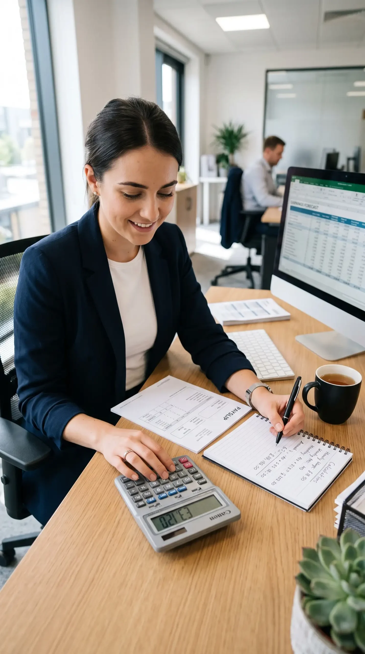 UK employee calculating annual and monthly pay from an hourly wage using a payslip and calculator