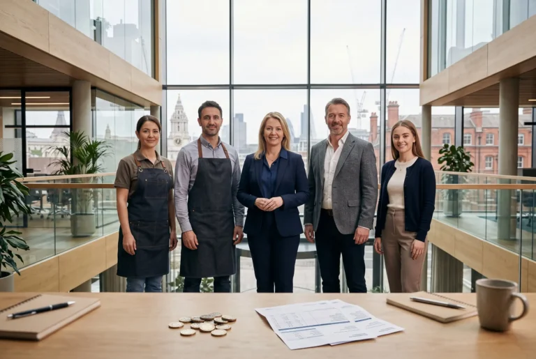 UK retail, hospitality and office professionals representing living wage employers UK, with payslips and pound coins.