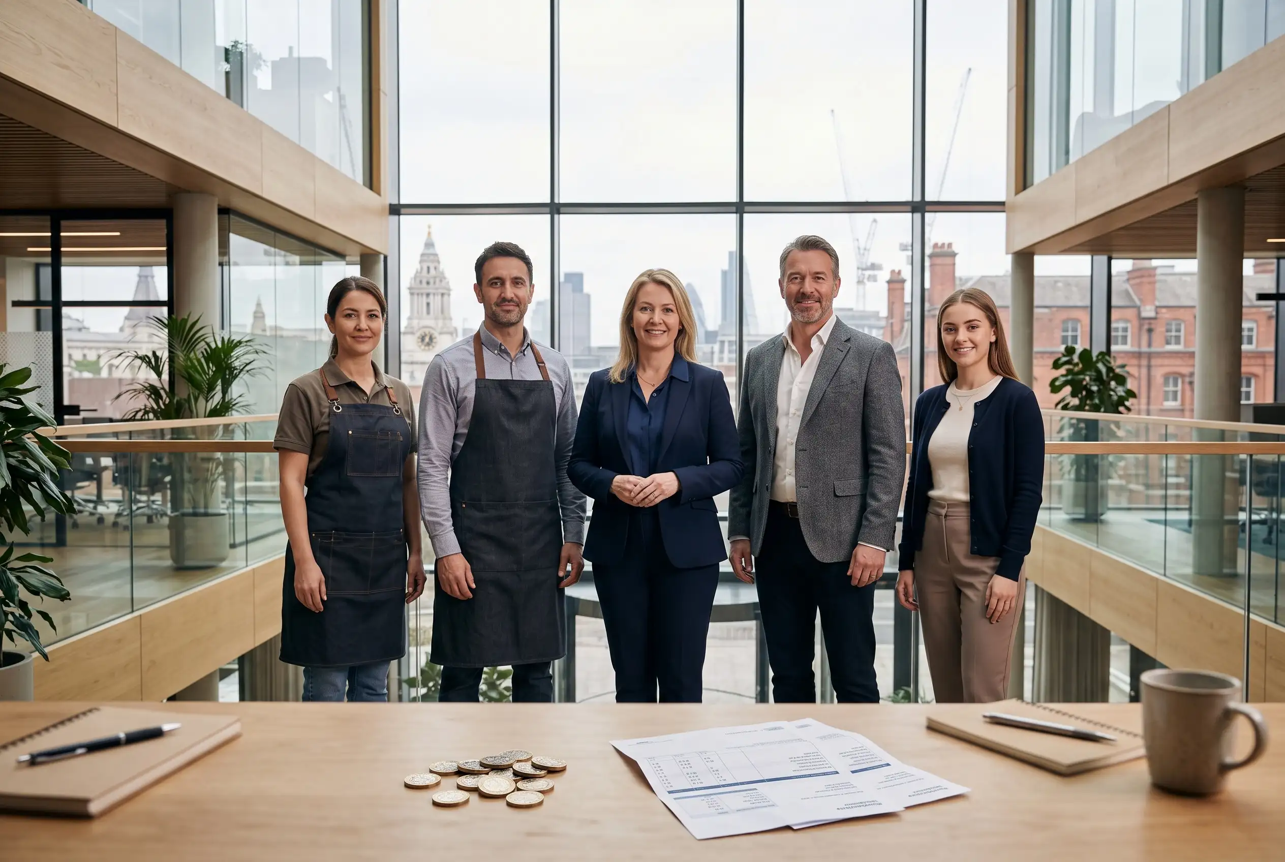 UK retail, hospitality and office professionals representing living wage employers UK, with payslips and pound coins.