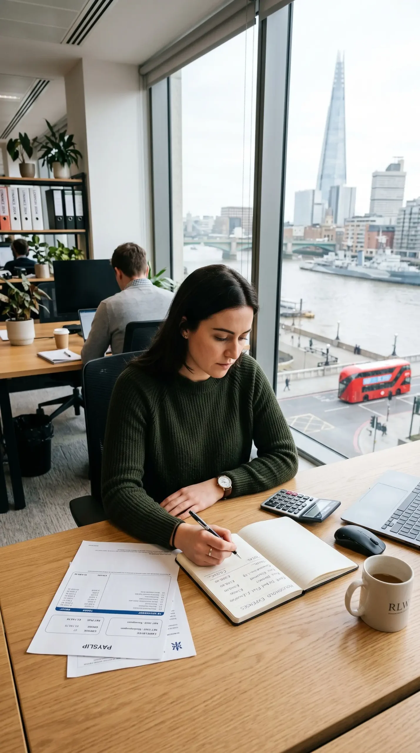 London employee reviewing a payslip and household costs beside a city view