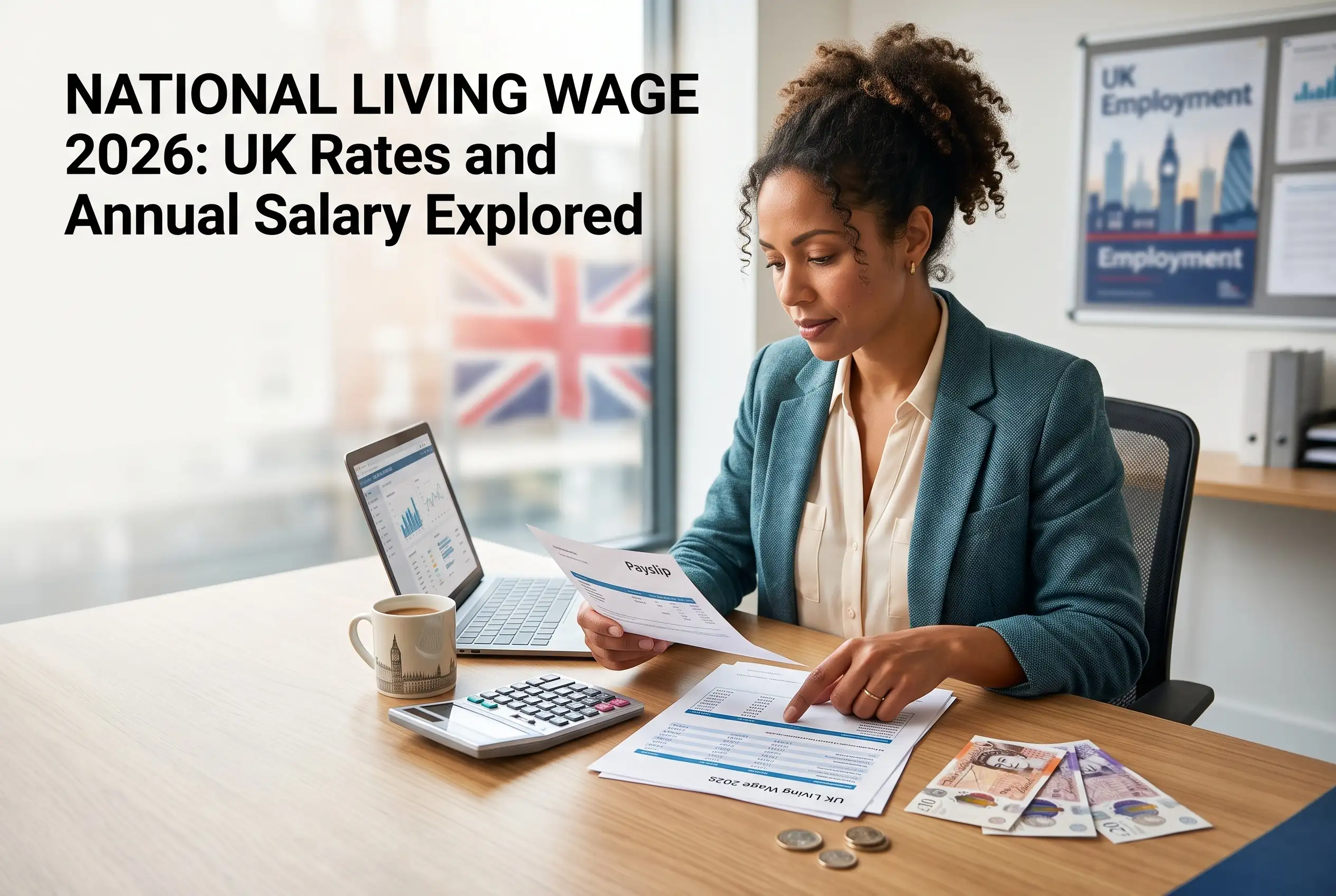 UK worker reviewing a payslip and salary figures for the National Living Wage 2026 UK