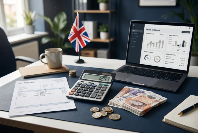 National Living Wage Calculator 2026 workspace with £12.71 calculator, UK banknotes, payslip and payroll dashboard