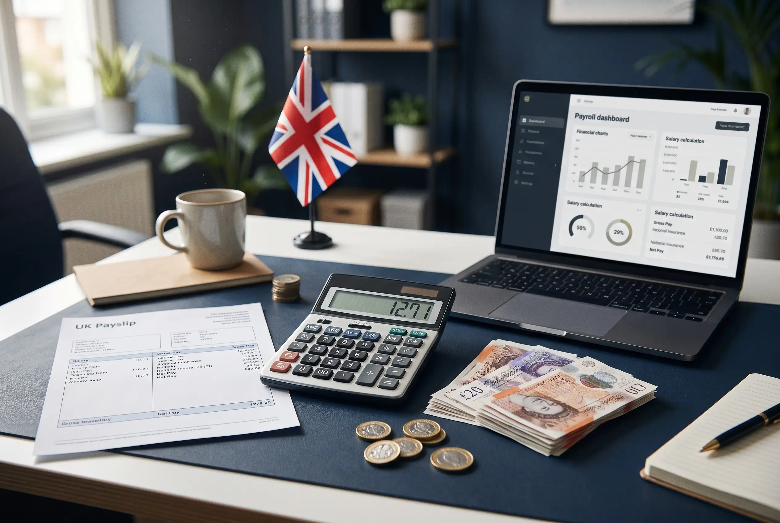 National Living Wage Calculator 2026 workspace with £12.71 calculator, UK banknotes, payslip and payroll dashboard