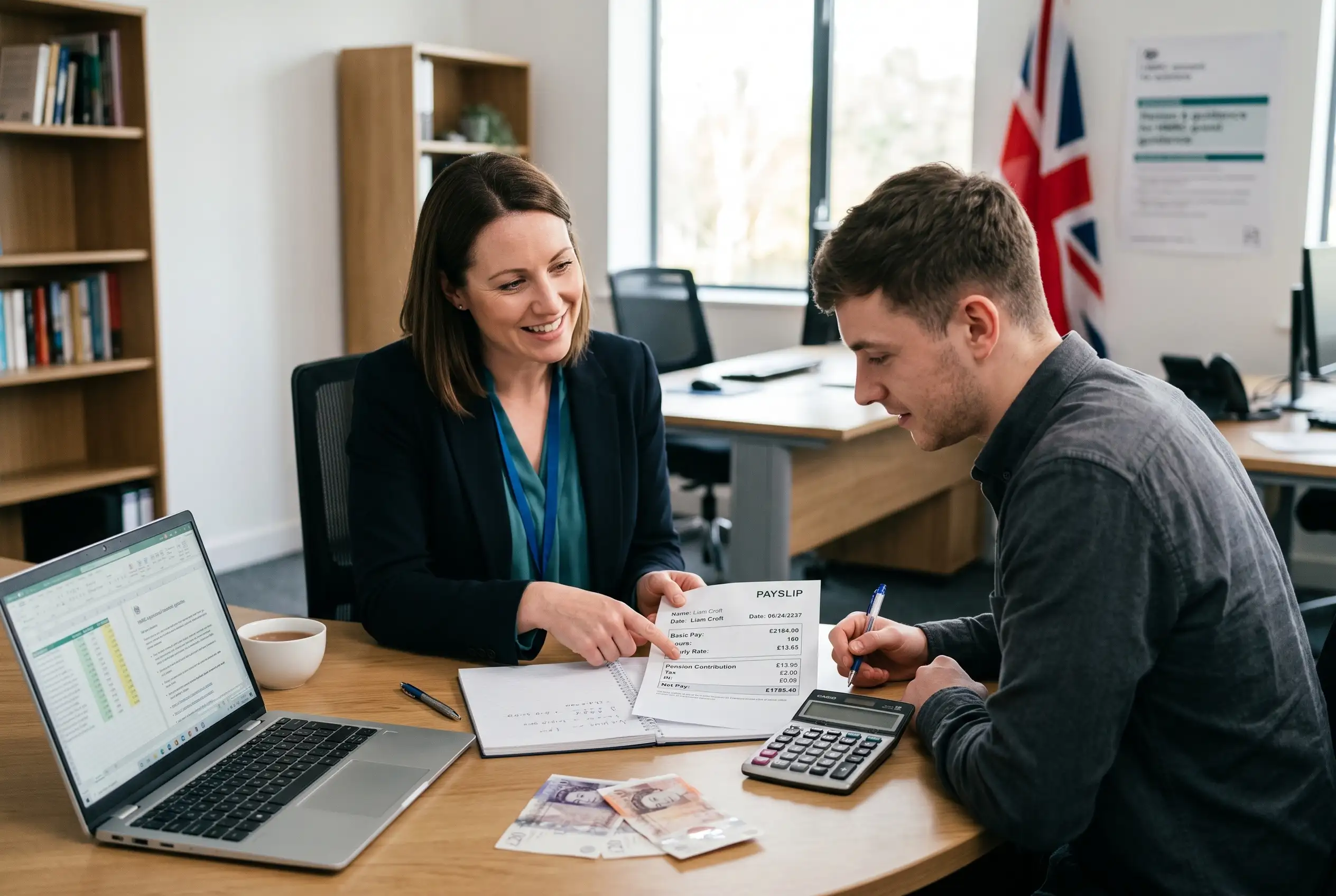 April 2027 Living Wage Payroll Review UK employee and payroll manager reviewing payslips and wage calculations for the April 2027 living wage increase