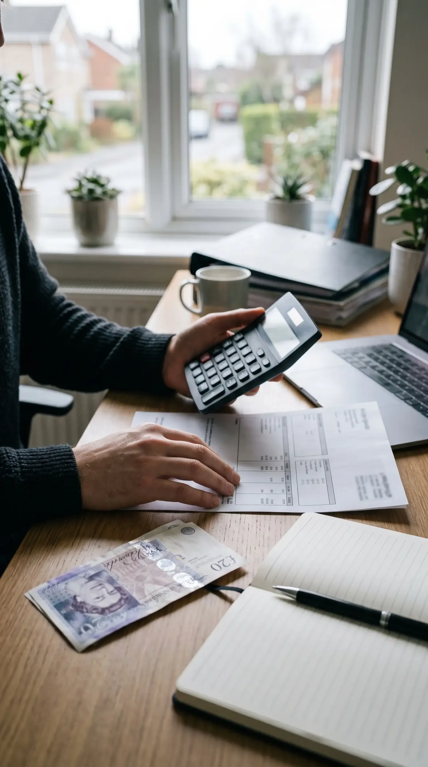 Professional photorealistic editorial photograph of a UK employee reviewing a printed monthly payslip at a tidy home office desk, using a modern calculator to verify hourly wages and payroll deductions. A realistic British pound sterling £20 banknote, a simple notebook, and a black pen are neatly arranged beside the payslip. Natural daylight from a nearby window, subtle neutral colours, authentic British home office atmosphere, sharp focus on the calculator and employee's hands, realistic paper textures, clean composition, shallow depth of field, premium financial editorial photography, landscape 16:9 aspect ratio, high resolution, no readable text, no text overlays, no labels, no watermarks, no collage.
