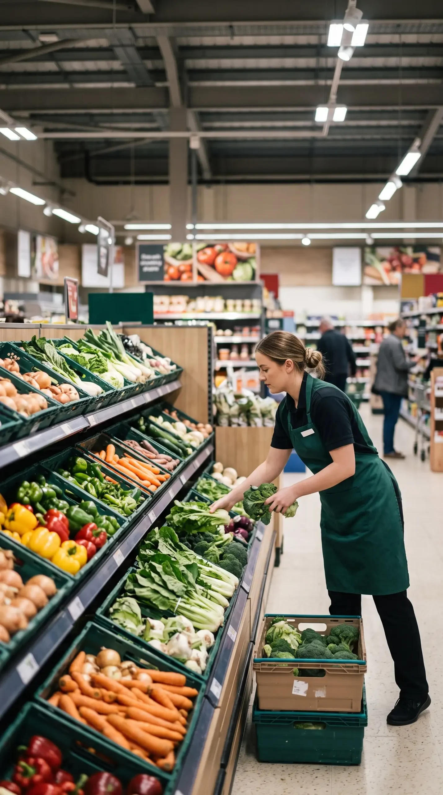 Supermarket employee in a green uniform restocking fresh vegetables in a modern UK grocery store.