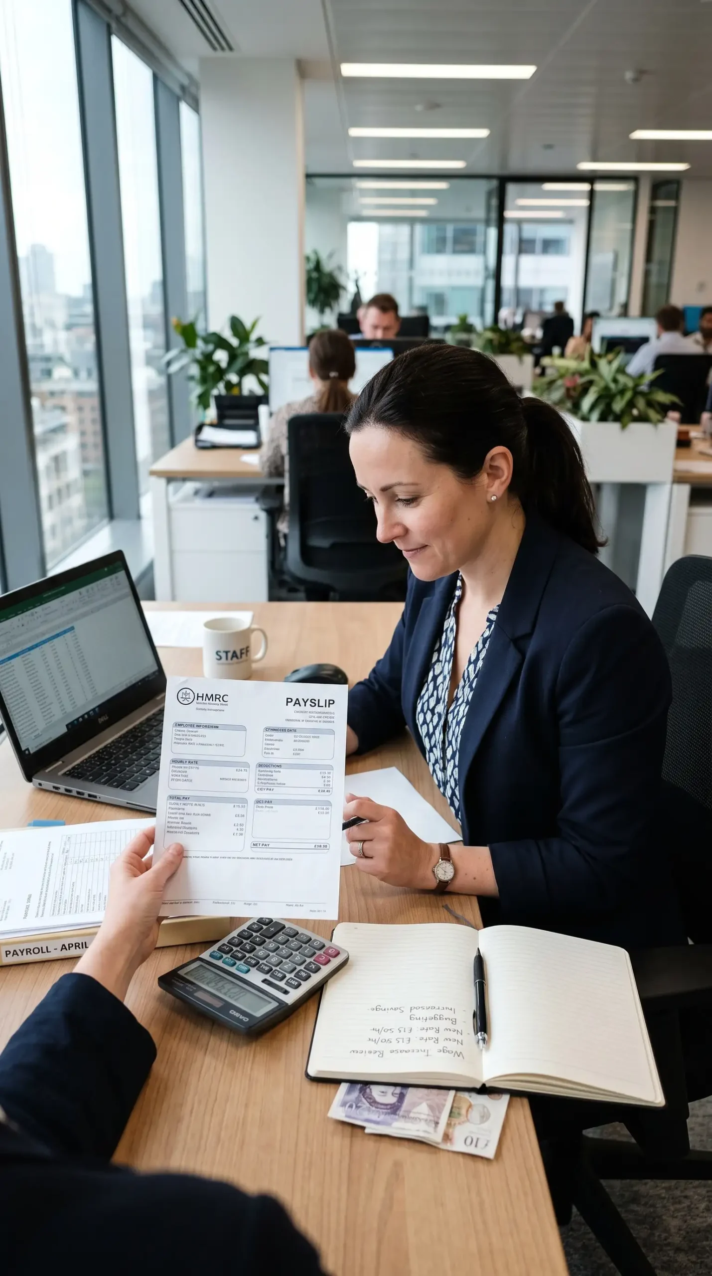 UK worker reviewing a payslip with a calculator and payroll documents to assess higher hourly earnings